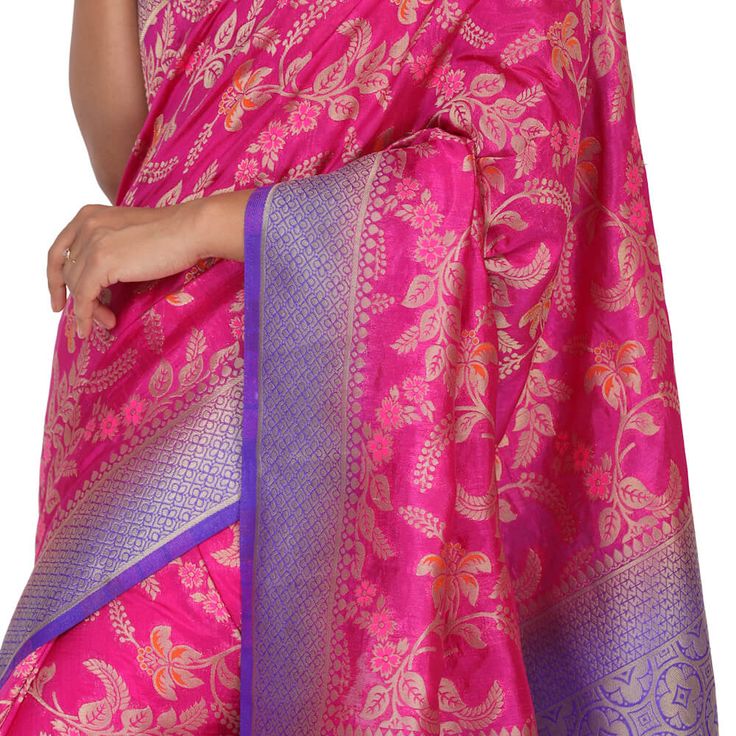 Introducing the Banaras Tilfi Sari with Pattu Border - a resplendent sari that is perfect for making a regal statement. Ideal for special occasions, this sari features a beautiful pink hue and is adorned with a traditional pattu border in purple. The intricate fall and pico work add to the overall allure of the sari, while the stitched blouse completes the look. Whether you're attending a wedding or a festive occasion, make sure to turn heads by draping yourself in this stunning sari. Fall and P Festive Slub Silk Dupatta, Festivals Brocade Pre-draped Saree With Pallu, Transitional Slub Silk Pre-draped Saree, Diwali Slub Silk Dupatta, Festive Pre-draped Chanderi Saree, Anarkali Pre-draped Tussar Silk Saree, Traditional Slub Silk Pre-draped Saree For Celebration, Festive Celebration Pre-draped Saree With Zari Weaving, Slub Silk Choli With Pallu