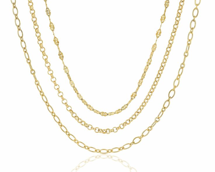 Simple, yet sophisticated. Get layered up in this pre-layered 3 strand necklace. L1: Stamped chain. L2: Rolo chain. L3: Mini oval & round chain. 2" extender. Lobster claw clasp. Sterling silver plated in 14k yellow gold. Made in NYC. Multi-strand Figaro Chain Necklace, Multi-strand Figaro Chain Necklaces For Layering, Figaro Chain Necklace With Oval Links, Three Layer Chain, Layer Chain, Layered Chains, Three Layer, Rolo Chain, Strand Necklace