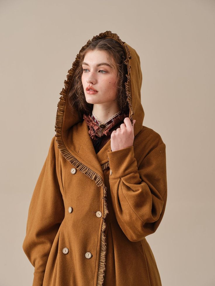 Brown Hooded Wool Coat For Winter, Brown Long Wool Coat For Cold Weather, Elegant Hooded Wool Outerwear, Brown Hooded Wool Coat For Fall, Elegant Hooded Wool Coat For Winter, Depop Ideas, Winter Coat Elegant, Corporate Girlie, Cloak Jacket