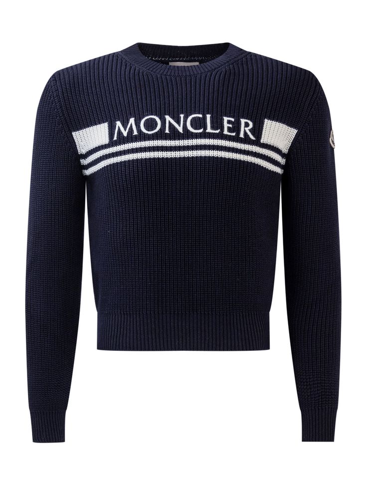 Blue long-sleeved sweater. Crew neck. Ribbed collar, cuffs and hem. Moncler logo embroidered on the front. Logo patch on the sleeve.Composition: Outside:, 100% Cotton Logo Crew Neck Winter Sweatshirt, Winter Logo Crew Neck Sweatshirt, Long Sleeve Sweater With Logo For Streetwear, Logo Crew Sweater For Fall, Long Sleeve Cotton Sweatshirt With Logo, Fall Crew Neck Sweater With Logo, Logo Crew Neck Sweater For Winter, Winter Logo Long Sleeve Sweatshirt, Crew Neck Sweater With Logo For Fall