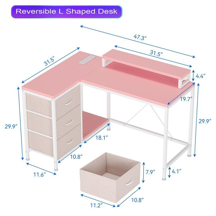 a pink desk with drawers and storage bins on the bottom, measurements for each drawer