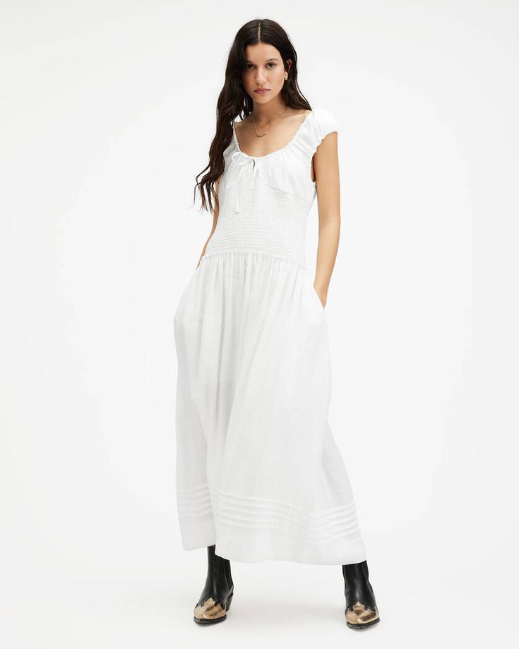 Eliza Scoop Neck Slim Fit Maxi Dress Chalk White | ALLSAINTS US Empire Waist Maxi Dress With Fitted Bodice For Daywear, Casual Maxi Dress With Fitted Bodice And Square Neck, Feminine Empire Waist Maxi Dress, Chic Empire Waist Maxi Dress For Garden Party, Elegant Smocked Bodice Maxi Dress For Daywear, Elegant Floor-length Maxi Dress With Smocked Bodice, Casual Maxi Dress With Fitted Bodice, Feminine Smocked Bodice Maxi Dress, Elegant Long Inseam Spring Dresses