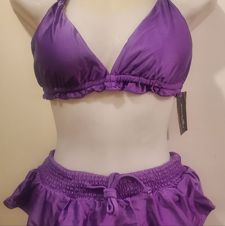 Beach Joy 2-Piece Bathing Suit Skirt Style Bottom With Bathing Suit Panty Attached Under Skirt Top Lightly Padded Purple Size Large Top: Fabric-80% Nylon 20% Spandex Lining-100% Nylon Bottom: Fabric-80% Nylon 20% Spandex Lining-100%Nylon Purple Bathing Suit Aesthetic, Summer Two-piece Swimwear For Party, Summer Party Two-piece Swimwear, Stretch Vacation Sets With Shorts, Fitted Sets For Vacation In Solid Color, Stretch Short Sets For Vacation, Fitted Vacation Sets In Solid Color, Fitted Solid Color Vacation Sets, Fitted Solid Color Sets For Vacation