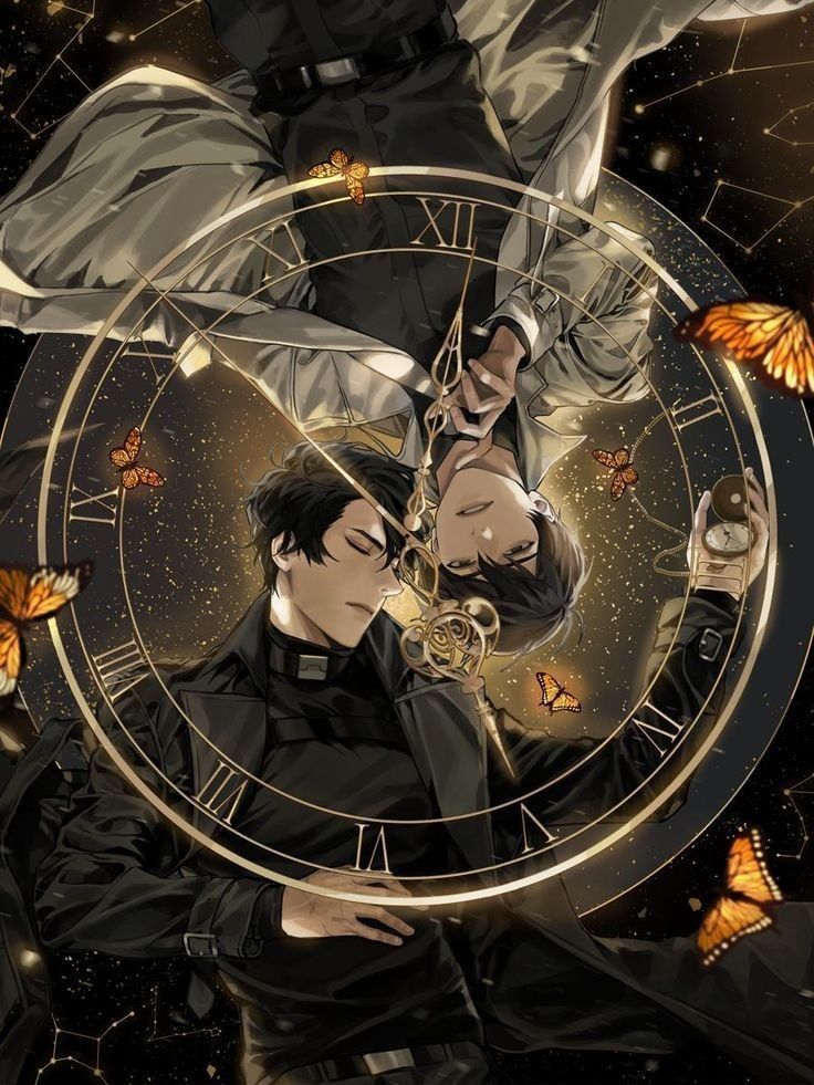 two people standing next to each other in front of a clock with butterflies around them