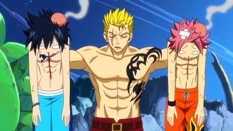 three anime characters standing next to each other