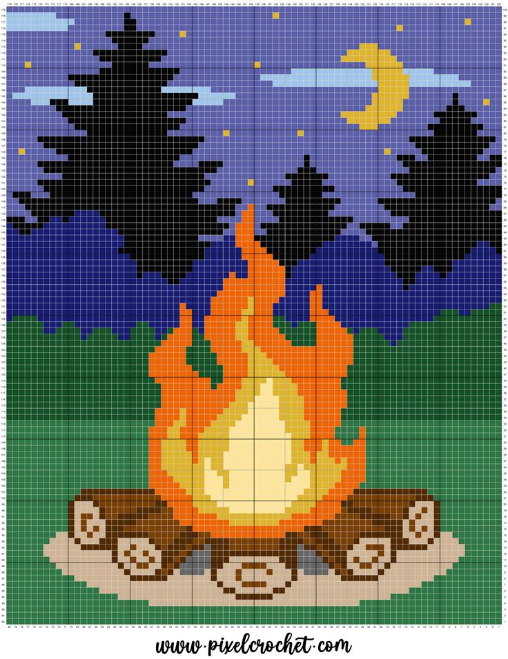 a cross stitch pattern with a campfire in the middle and trees on the other side