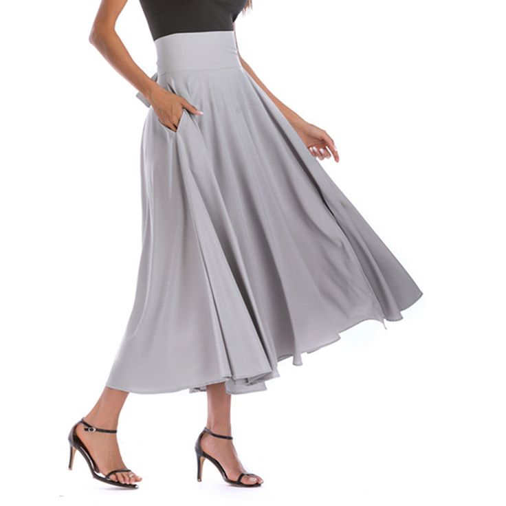 Light Gray High Waisted Swing A-line Maxi Skirt A-line Pleated Skirt With Pockets, Chic A-line Maxi Skirt For Work, Chic A-line Maxi Skirt With Relaxed Fit, Chic A-line Pleated Summer Skirt, Chic A-line Lined Maxi Skirt, Chic A-line Maxi Skirt With Lining, Summer Fit And Flare A-line Skirt, Elegant Long Gray Skirt, Fitted A-line Maxi Skirt With Lining