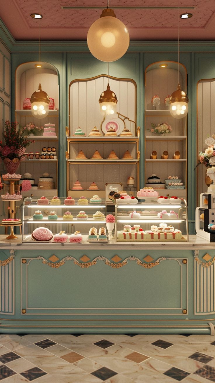 Cake Shop Decoration Rendering: Exploring Styles and Colors Victorian Bakery Shop, Pastry Shop Design Interior, Dessert Shop Design Interiors, Store Ideas Design, Pastel Bakery Aesthetic, Bakery Shop Ideas, Cute Pastry Shop, Cookie Shop Interior, Dessert Shop Interior