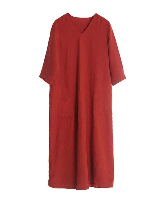 Womens V-neck Loose Linen Dress Red — Obiono Spring Linen V-neck Dress In Solid Color, Spring V-neck Linen Dress In Solid Color, Oversized V-neck Solid Color Dress, Summer Linen V-neck Dress, Solid Color Linen V-neck Dress, Solid Color V-neck Dress With Relaxed Fit, Oversized Solid Color V-neck Dress, Oversized Linen V-neck Dress, Relaxed Fit Linen V-neck Dress For Summer