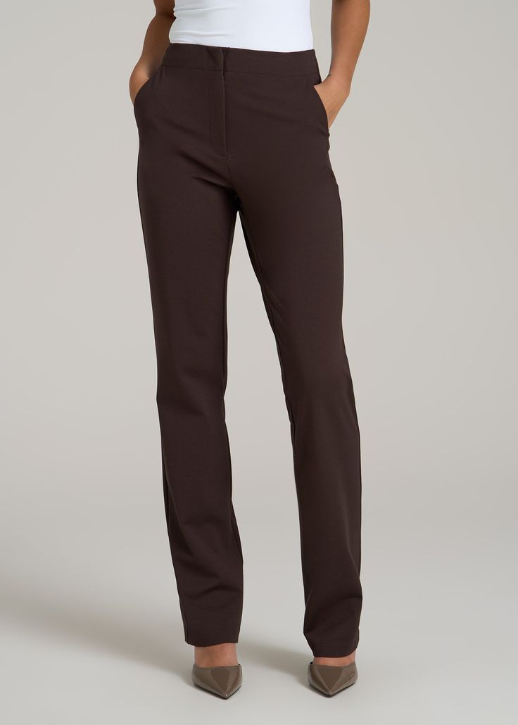 About Our Slacks for Tall Women The search for extra-long women's dress pants is over. Whether you're meeting clients to close a deal or walking into a big job interview, you need an outfit that's going to make you look good and feel confident. Finding options when you're vertically blessed can be tough, which is why we designed this pair of slacks for tall women between 5'9” and 6'6”. They have an extra-long inseam with a turn-up hem, a slim straight fit that will flatter your long legs and a h Pants For Tall Women, Scrubs Dress, Women's Dress Pants, Straight Leg Dress Pants, Cozy Sleepwear, Women Office, Long Sleeve Tee Shirts, Tall Women, Womens Dress Pants