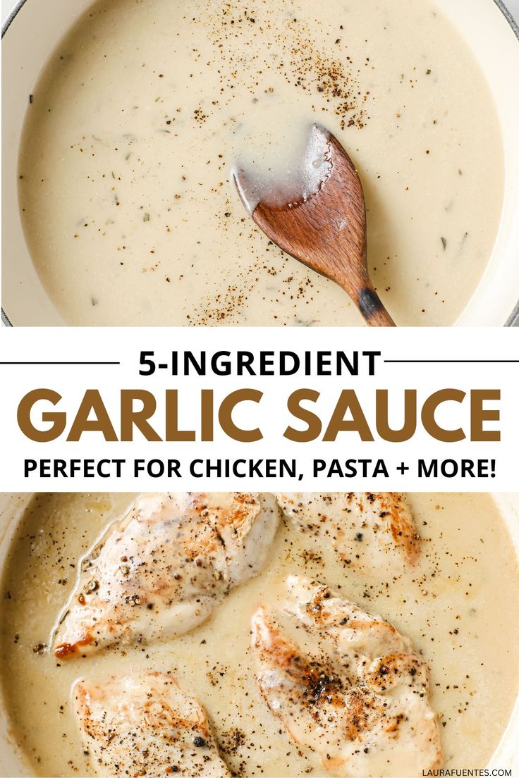 the ingredients for garlic sauce in a white bowl with a wooden spoon and text overlay that reads 5 ingredient garlic sauce perfect for chicken, pasta + more