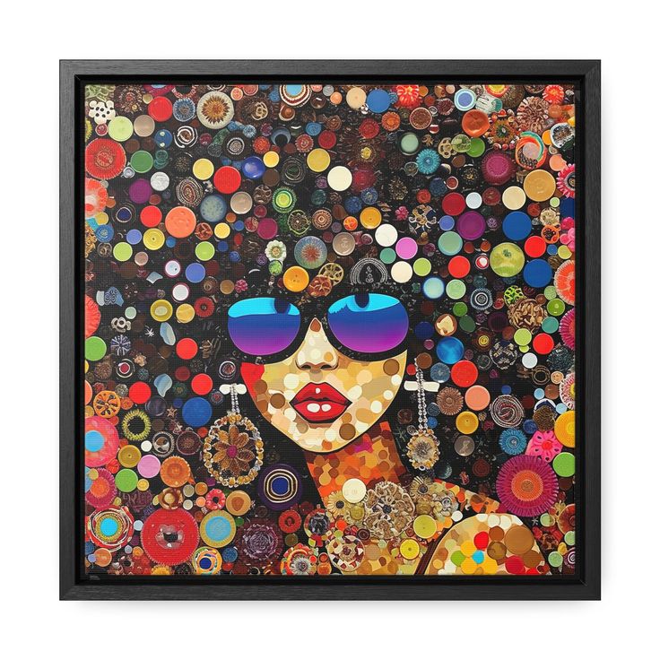 a woman wearing sunglasses with lots of buttons on her face and hair is framed in black wood