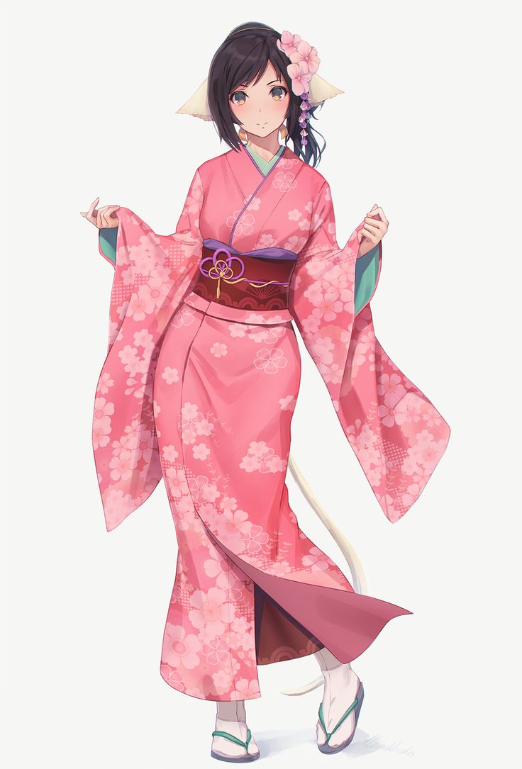 a woman in a pink kimono is walking