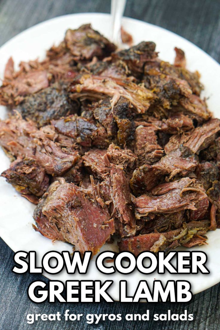 white platter with Greek lamb made in slow cooker and text Greek Tacos Lamb, Egyptian Lamb Recipes, Lamb For Gyros, Lamb In Crockpot Slow Cooker, Lamb Leg Crockpot Recipes, Simple Lamb Recipes, Gyro Lamb Recipe, Slow Cooker Greek Lamb, Leg Of Lamb Recipes Bone In Slow Cooker