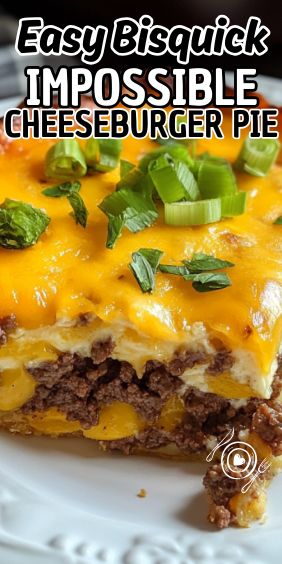 a close up of a slice of cheeseburger pie on a plate with the words easy biscuit impossible