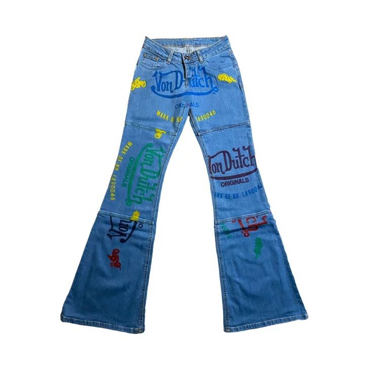 Brand New Never Worn. Authentic Von Dutch Jeans. Sold Out Everywhere. Blue Flare Jeans For Streetwear, Blue Cotton Flare Jeans For Streetwear, Fitted Blue Flare Jeans For Streetwear, Multicolor Denim Jeans For Streetwear, Blue Reworked Jeans For Streetwear, Trendy Blue Jeans With Graphic Print, Multicolor Graphic Print Denim Bottoms, Multicolor High Rise Denim Jeans, Multicolor Mid-rise Denim Jeans