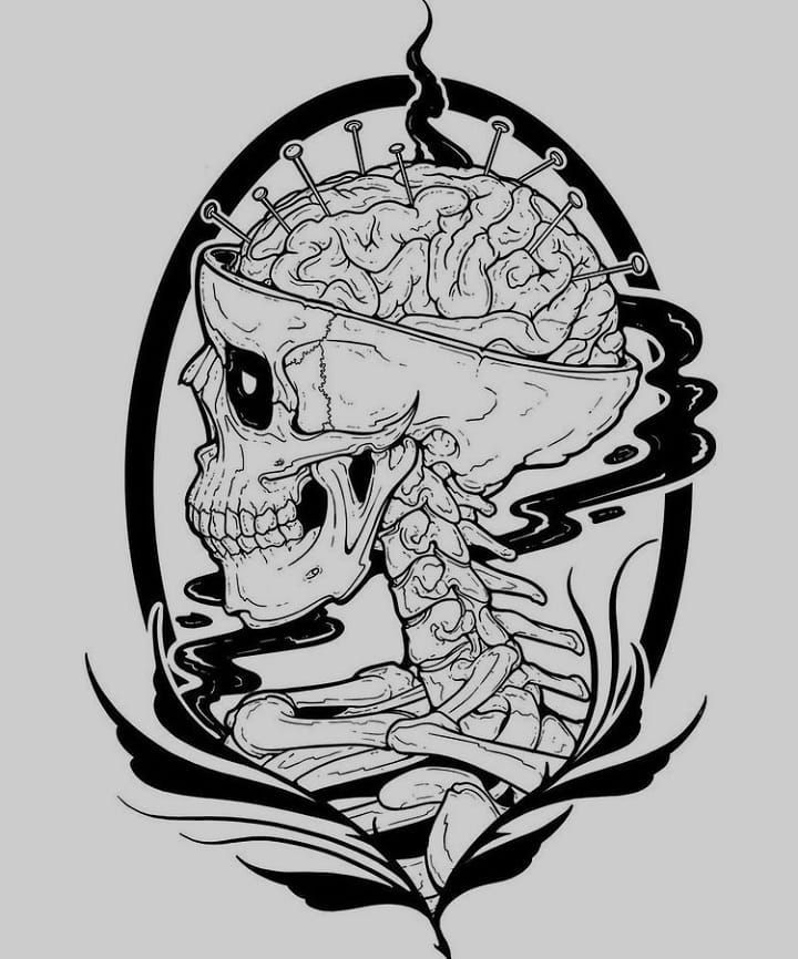 a drawing of a skull with a brain in it's head and water around it