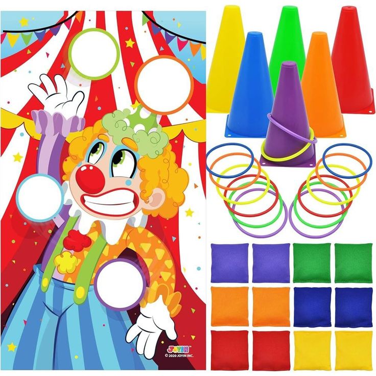 the clown is surrounded by party supplies and colors to make it look like he's having fun