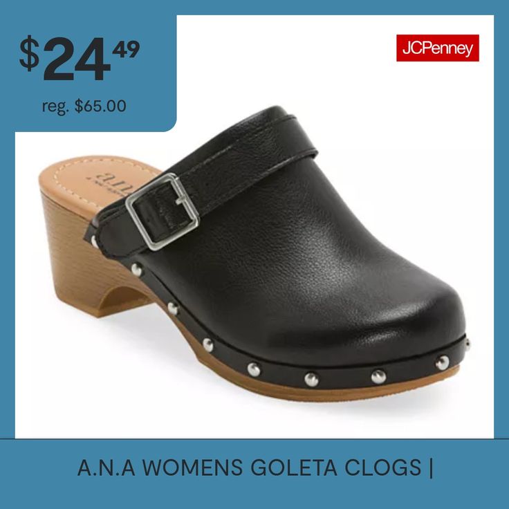 A.n.a's Goleta women's clogs are versatile enough to go with lots of looks throughout the warm and chilly transitional seasons. They are made from a smooth faux leather with a side buckle fastening decorated with silver-tone studs and rest on a wooden block heel balanced by a slight platform for a comfortable lift. Style them every everything from jeans to dresses.Closure Type: Slip-OnShoe Heel Height: 2 InchesUpper/Outer Base Material: 100% PolyuretheneShoe Lining Material: CottonSole Material… Women's Clogs, Clogs Shoes, Womens Clogs, Block Heels, Clogs, Heel Height, Silver Tone, Shoes Heels, Shoe Accessories