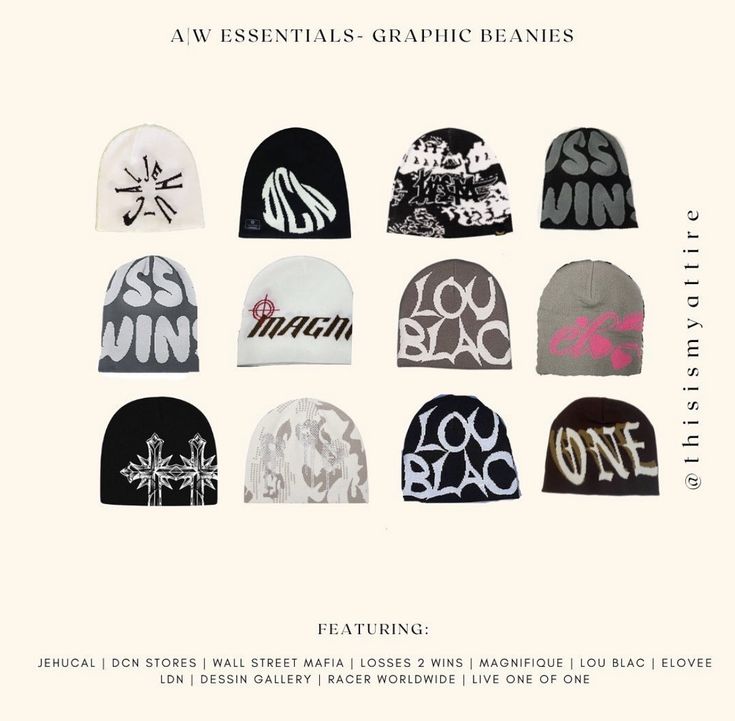 Graphic Beanie Aesthetic, Graphic Beanie Outfit, Binnie Hat, Aesthetic Beanies, Trendy Beanies, Beanie Streetwear, Beanie Ideas, Beanie Collection, Graphic Beanie