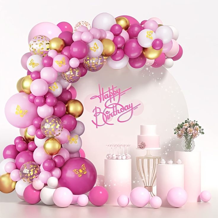 pink and gold balloon arch for a birthday party