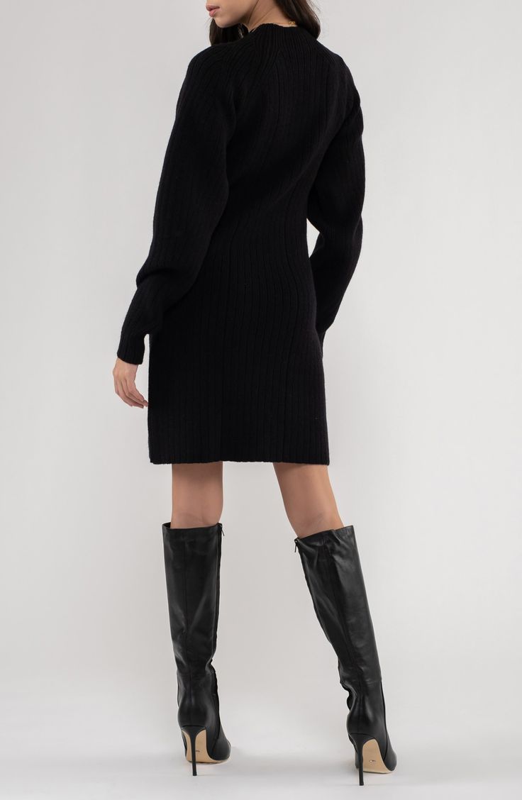 Show off cozy-chic style in this funnel-neck sweater-dress fashioned with gently puffed sleeves and directional ribbed stitches. 34 1/2" length Slips on over head Funnel neck Long sleeves 58% acrylic, 27% polyester, 15% nylon Hand wash, dry flat Imported Winter Sweater Dress With Ribbed Cuffs, Ribbed Turtleneck Winter Dress, Fall Cable Knit Knee-length Sweater Dress, Winter Mini-length Solid Color Sweater Dress, Winter Long Sleeve Sweater Dress With Ribbed Cuffs, Ribbed Solid Color Sweater Dress For Fall, Fall Ribbed Solid Color Sweater Dress, Fall Ribbed Sweater Dress, Fall High Neck Solid Color Sweater Dress