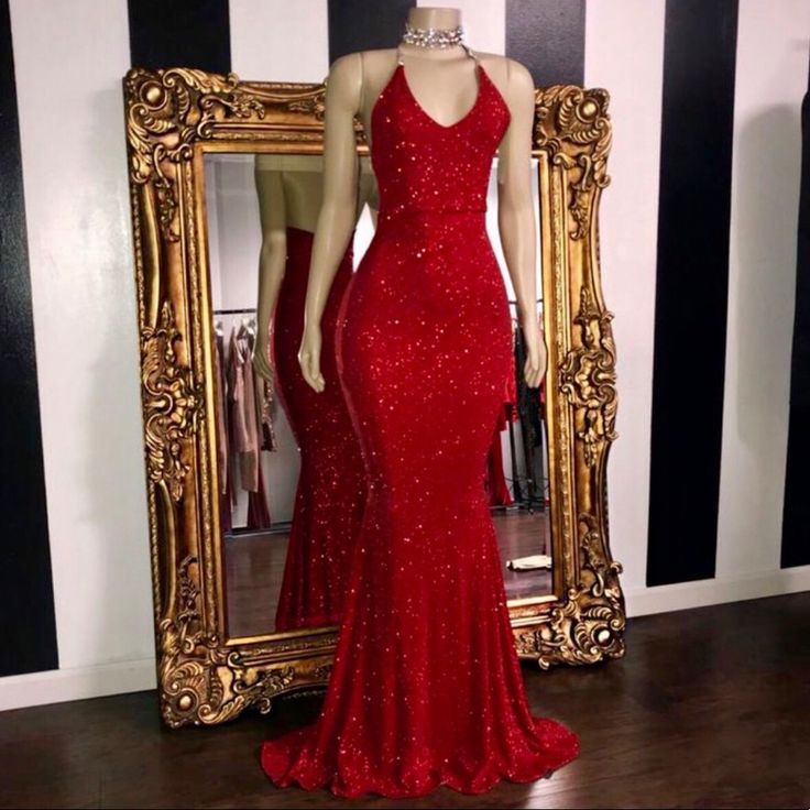 Floor-Length Red Glitz Gown. Perfect For Proms, Galas, Or Balls. Height: 5'3 + 4 Inches For High Heels. Bra Size: 32 D (Can Fit Slightly Smaller/ Bigger Sizes) Waist: 27 Inches Hips: 38 Inches Photo Cred: Lyrina Label Red Evening Gown For Christmas, Red Christmas Evening Gown, Glamorous Sweep Train Dress For Red Carpet, Red Backless Formal Gown, Red Backless Evening Dress For Wedding, Red Fitted Gown For Party Season, Red Maxi Dress With Sweep Train For Party, Red Christmas Party Gown, Red Fitted Glitter Dress