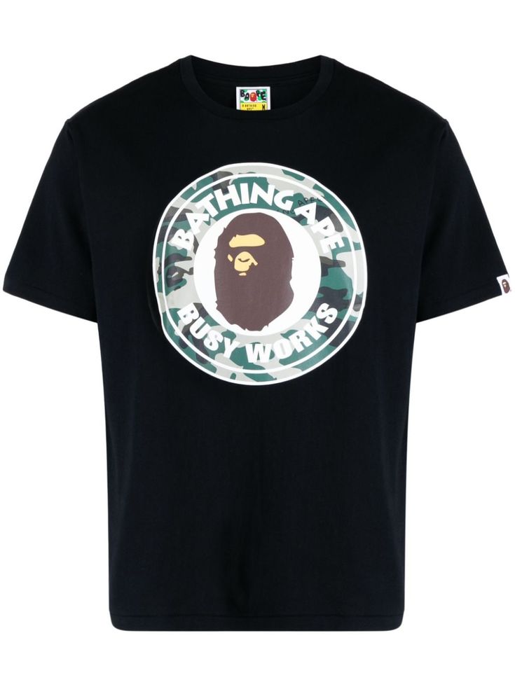 black cotton logo print to the front crew neck short sleeves straight hem Bathing Ape, A Bathing Ape, Cotton Logo, T Shirt Vest, Logo Print, Printed Shorts, Black Cotton, Short Sleeves, Mens Shirts