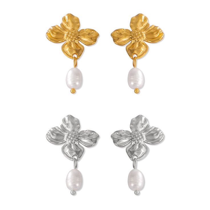 Style: Women Material: Titanium Steel, Freshwater Pearl Pearl Color: White Earring Size: 3.3*2cm Earring Color: Gold & Silver Silver Pearl Drop Flower-shaped Earrings, Silver Flower Shape Pearl Drop Earrings, Silver Flower-shaped Pearl Earrings, Silver Flower Pearl Earrings With Flower Charm, White Earring, Elegant Flowers, White Earrings, Silver Drop Earrings, Pearl Color