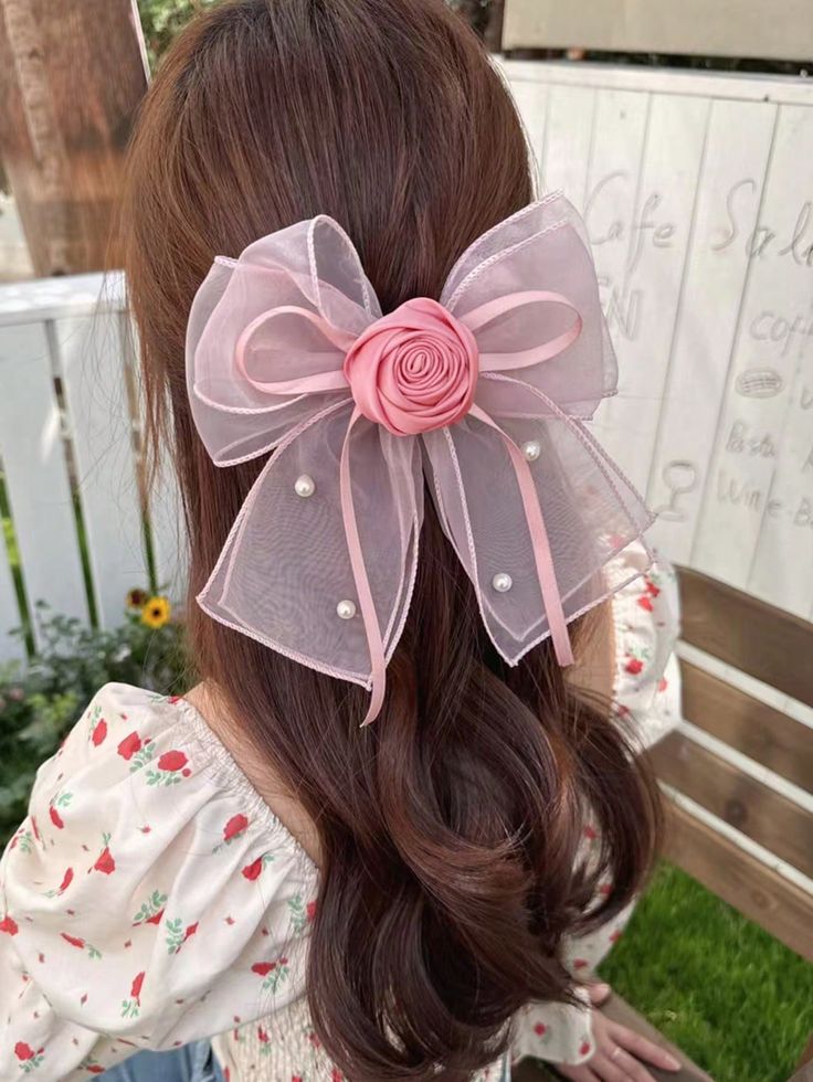 1pc Ladies Solid Color Flower Bow Hair Clip, Decorated With Sweet Rose And Ribbon Hanging, Suitable For Casual, Campus, Party, Dance, Everyday Use Multicolor Casual,Elegant   Polyester Plain    Women Accessories, size features are:Bust: ,Length: ,Sleeve Length: Hair Accessories Ribbon, Hair Accessories Diy Headband, Hair Bows Diy Ribbon, Flower On Head, Diy Hair Accessories Ribbon, Rose Hair Clip, Bows Diy Ribbon, Bow Hair Clip, Party Dance