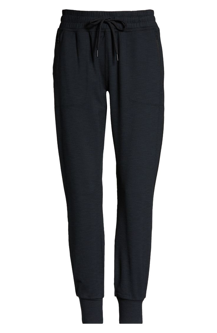 Zip pockets and a drawstring waist underline the casual feel of finely ribbed joggers crafted with plenty of stretch. 26 1/2" inseam; 9" leg opening; 11 3/4" front rise; 15 1/2" back rise (size Medium) 82% polyester, 18% elastane Machine wash, dry flat Made in the USA of imported fabric Athleisure Loungewear Bottoms With Drawstring, Athleisure Bottoms With Drawstring For Loungewear, Athleisure Lounge Pants With Drawstring, Athleisure Drawstring Lounging Pants, Athleisure Drawstring Pants For Lounging, Athleisure Joggers With Comfort Stretch And Pockets, Sporty Comfort Stretch Sweatpants With Elastic Waistband, Athleisure Activewear With Drawstring For Lounging, Athleisure Activewear For Lounging With Drawstring