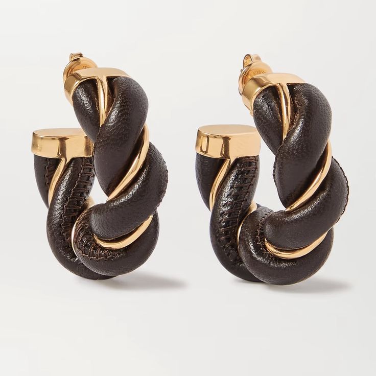 Bv Interwoven Hoop Earrings. Gold And Black/Dark Chocolate Lambskin Leather Twist. A Classic! Perfect Condition. Twist Earrings, Hoop Earrings Gold, Earrings Color, Lambskin Leather, Dark Black, Earrings Gold, Brown Gold, Bottega Veneta, Dark Chocolate