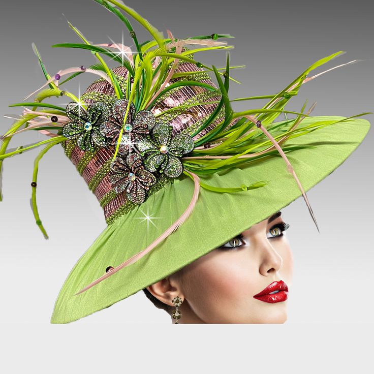 The season calls for brilliant color. The 4″ brim of this classic boater shape hat is artfully draped in luxurious fabric. The crown is swathed in sequins and peppered with crystal dust. Feathers and jewel flowers finish this stunning look. The adjustable sweat band allows for different head sizes. Green-Pink. Jeweled Flowers, Church Suits And Hats, Drag Queen Outfits, Dressy Hats, Derby Fashion, Derby Outfits, Gardening Hat, Sweat Band, Tea Party Hats