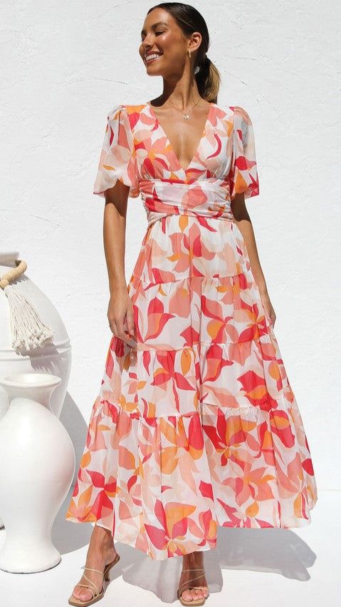 Details: Floral print Short sleeves V neckline Midi dress FIT:Regular fit Non-Stretch through fabricStandard sizingCottonPolyester Size Available: Size Length Bust inch cm inch cm S 47.2 120 33 84 M 47.7 121 34.6 88 L 48 122 36.2 92 XL 48.4 123 37.8 96 Flowy V-neck Dress With Abstract Print, Orange Lined V-neck Dress, V-neck Midi Dress With Vibrant Print For Party, Summer Multicolor Midi Dress With Surplice Neckline, Red Abstract Print Summer Dress, V-neck Beach Dress With Abstract Print, Multicolor Printed V-neck Midi Dress, Red Maxi Dress With Abstract Print, Printed V-neck Dress For Day Out