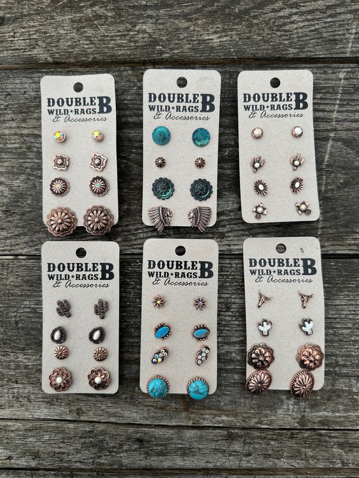 Set includes four pair of western themed stud earrings. Faux turquoise detail. See photos for more details. NOT intended for sensitive ears. Western Earrings Studs, Wild Rags, Cowgirl Accessories, Double B, Beaded Jewelry Necklaces, Western Earrings, Wild Rag, Western Look