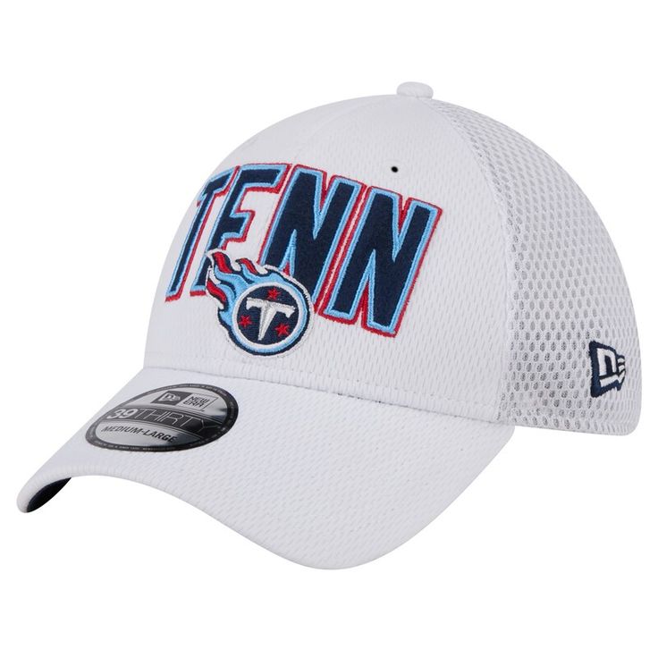 the new era hat for the tennessee titans is shown in white with blue and red letters