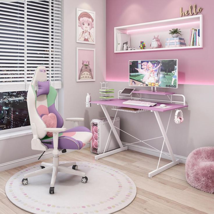 a child's bedroom with pink walls and white furniture, including a desk chair