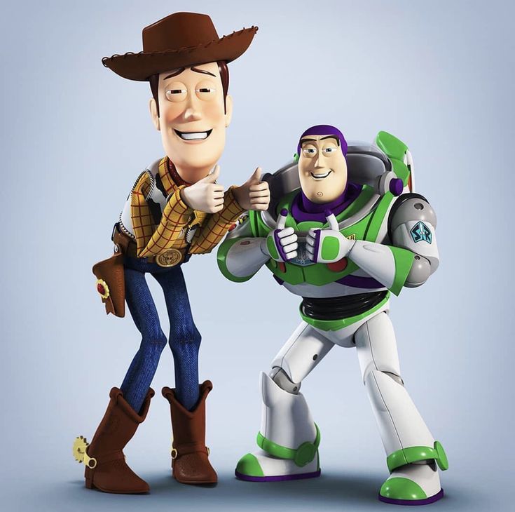 two toy story characters, one is buzz lightyear and the other is woody