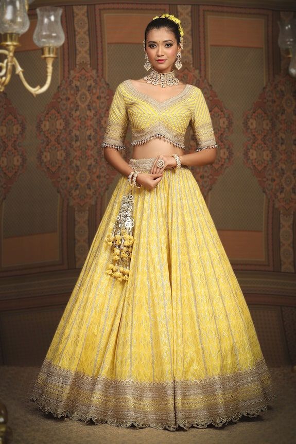 Lemon yellow cotton shimmer chanderi lehenga with attached cancan, geometric patterns, intricate gota, dori and badla work and broad border. Comes with padded, gota work blouse and lace border net dupatta. - Aza Fashions Badla Work, Chanderi Lehenga, Lehenga Pattern, Yellow Lehenga, Gota Work, Lehenga Blouse, Net Dupatta, Lace Border, Blouse Length