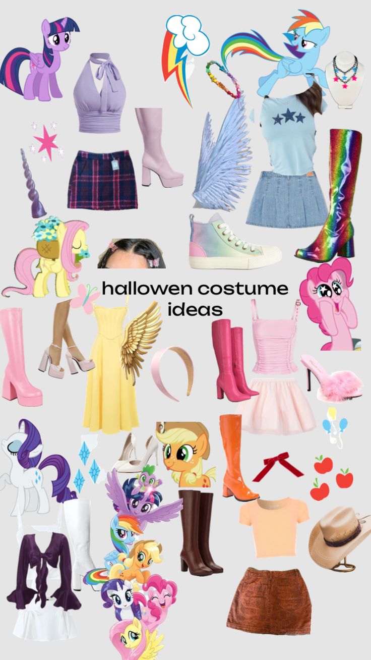 an assortment of different types of clothes and shoes for children to wear on halloween day