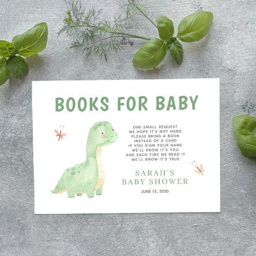 a card with the words books for baby and an image of a dinosaur on it