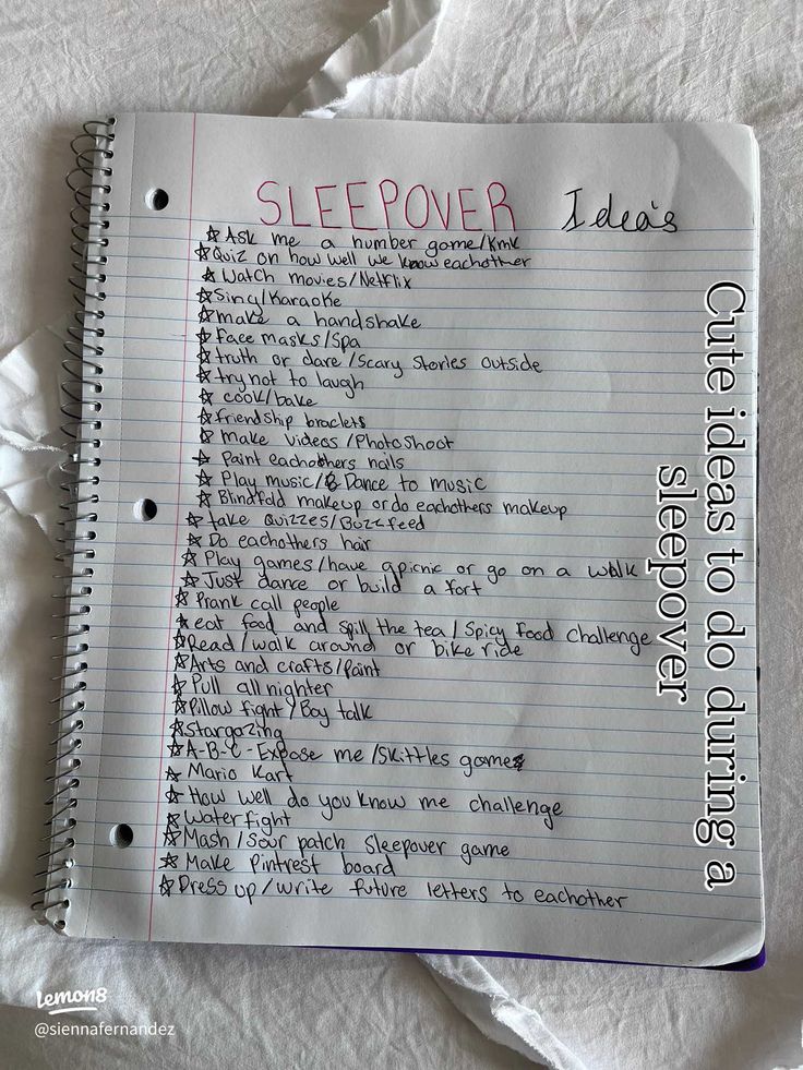 a notepad with writing on it that says sleepover ideas and other things to do