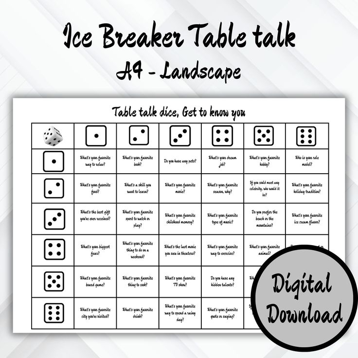 the icebreaker table talk game with dices and numbers on it, in black and white