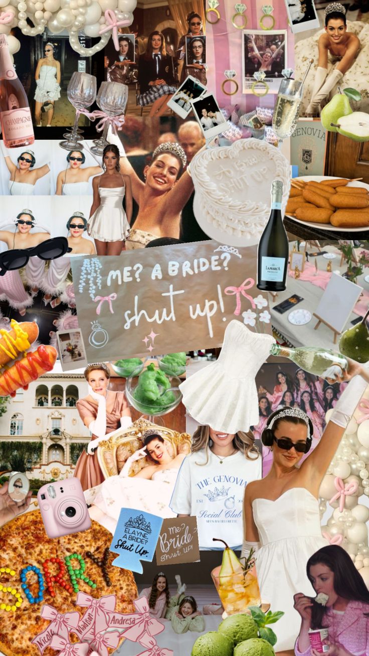 a collage of photos with people and food on them, including cake, balloons, hats, dresses, and other items