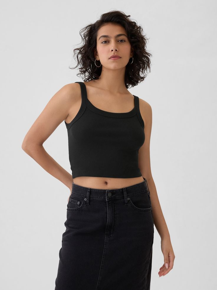 Soft, stretch cotton-modal blend cropped tank.  Round neck.  Tank straps.  Certain styles have allover prints.  * Fit: Stretch-to-Fit.  Slim & stretchy that forms to your shape.  Cropped, hits at the waist.  Models wearing Gap Everyday Fitted Tank Crop Top, Fitted Tank Crop Top For Everyday, Fitted Cropped Top By Gap, Summer Elastane Tank Top For Everyday Wear, Everyday Summer Elastane Tank Top, Cropped Elastane Tank Top For Summer, Summer Everyday Elastane Tank Top, Trendy Elastane Tank Top For Spring, Casual Elastane Tank Crop Top