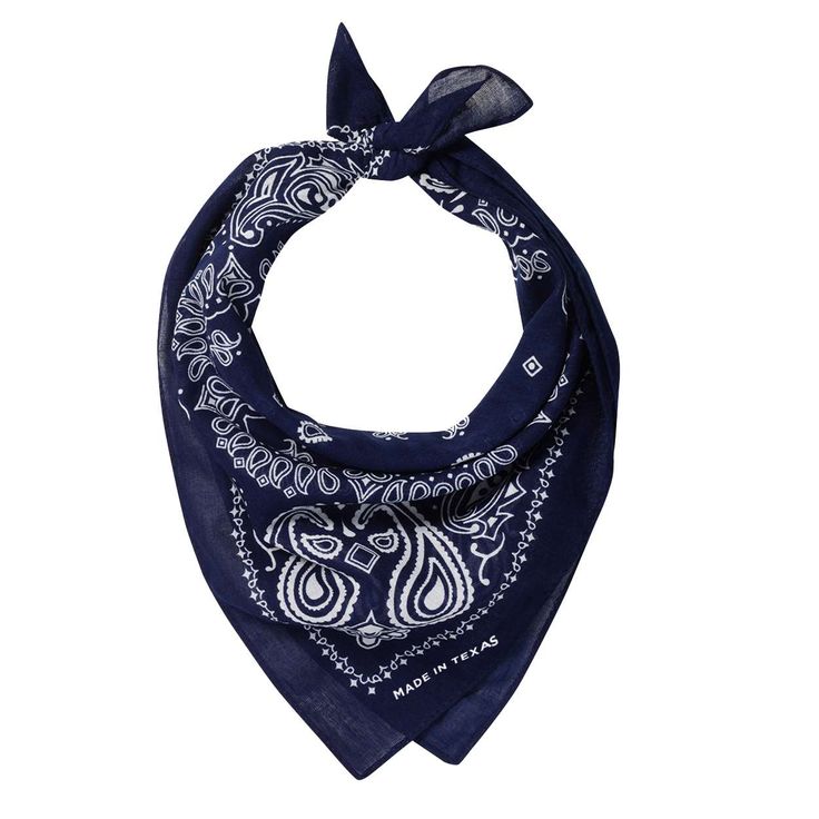 a blue bandana with an ornate design on the front and back, in white