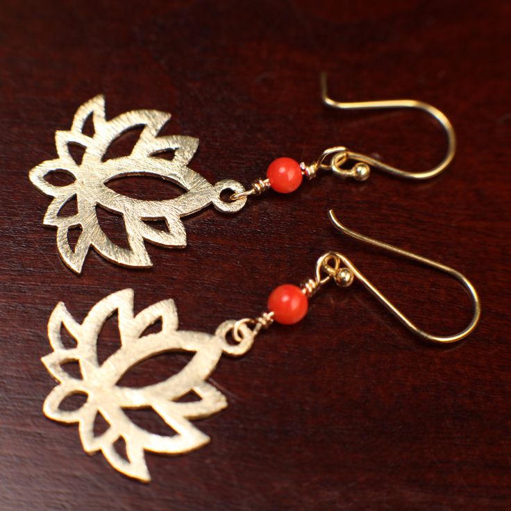 "18k Gold Vermeil Bali brush gold Filigree Lotus Flower 22mm long Handmade Earrings with genuine Coral Spacer, yellow gold color Earrings, gift , inner peach purity rebirth  Filigree size 21x23mm long  Earring length 2\" long Approx. 2g per earring" Spiritual Nickel-free Yellow Gold Earrings, Spiritual Yellow Gold-plated Earrings, Yellow Gold Spiritual Earrings, Spiritual Yellow Gold Plated Earrings, Yellow Gold Flower-shaped Jewelry With Ear Wire, Gold Spiritual Pierced Earrings, Gold Spiritual Drop Earrings, Delicate Gold Earrings For Gift, 14k Gold Flower Pierced Earrings