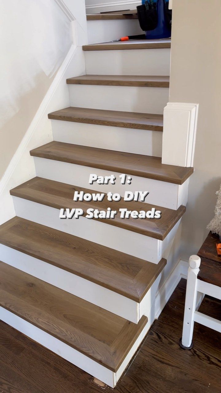 some stairs that have been painted white and brown with the words part 1 how to diy up stair treads