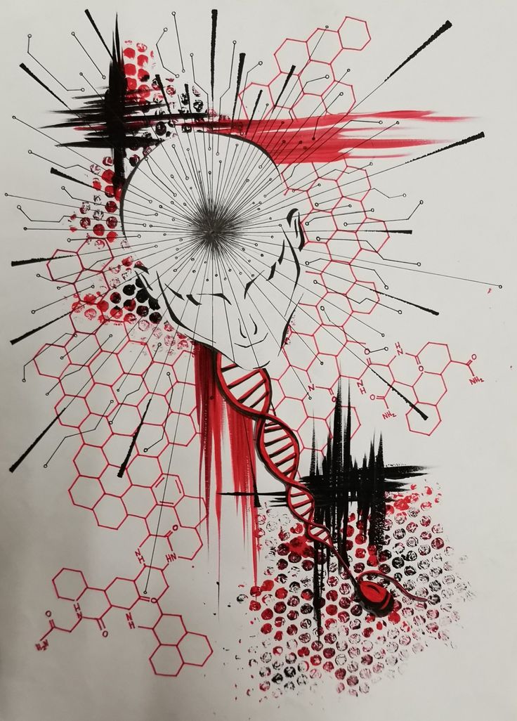 an abstract painting with red and black lines on it's face, in the middle of