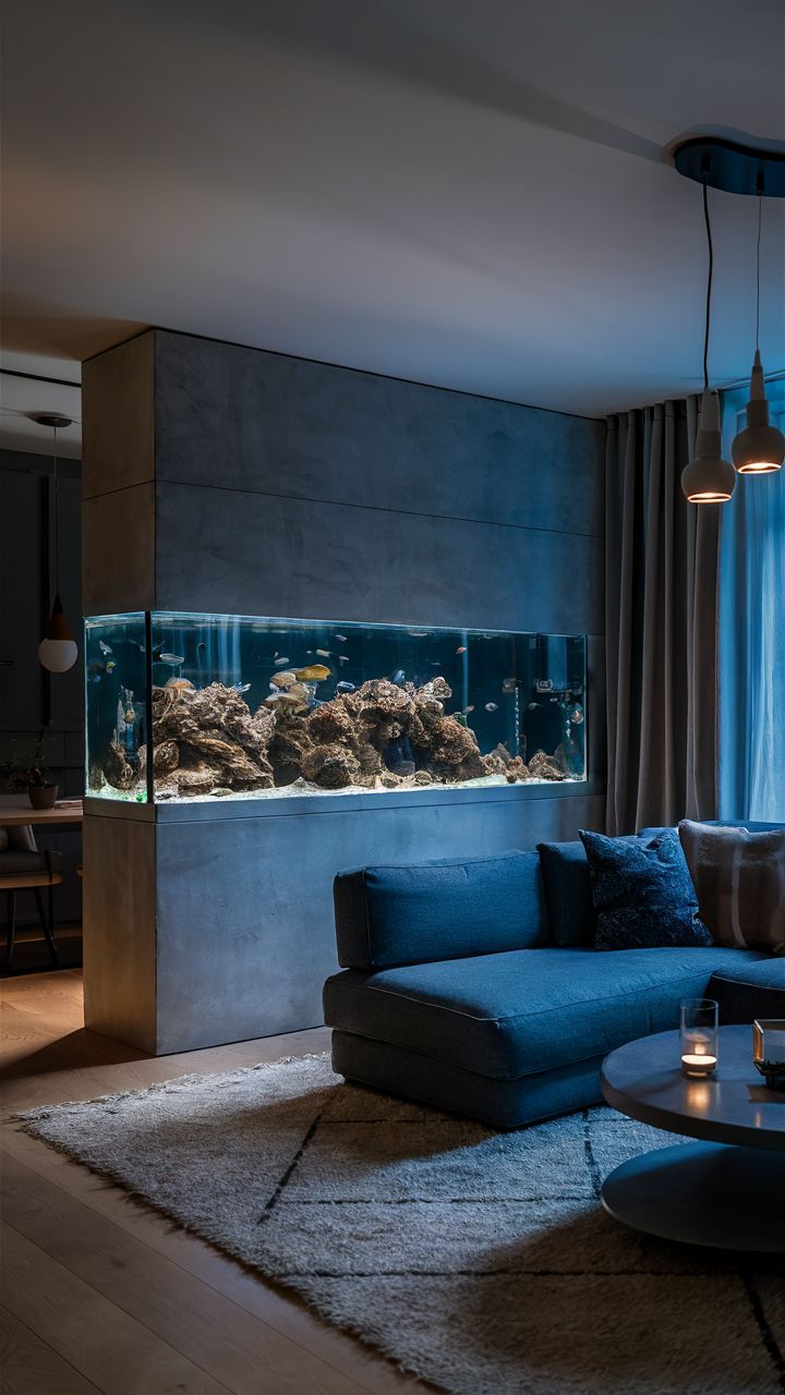 a living room filled with furniture and an aquarium